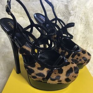 FENDI Leopard Black Patent Leather Platform Heels